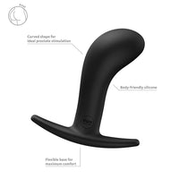 Black silicone prostate massager with text on a white background