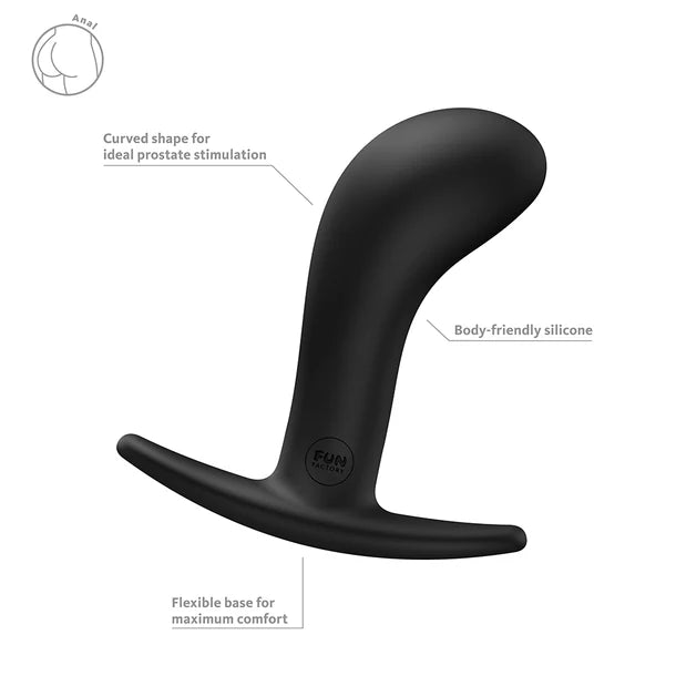 Black silicone prostate massager with text on a white background