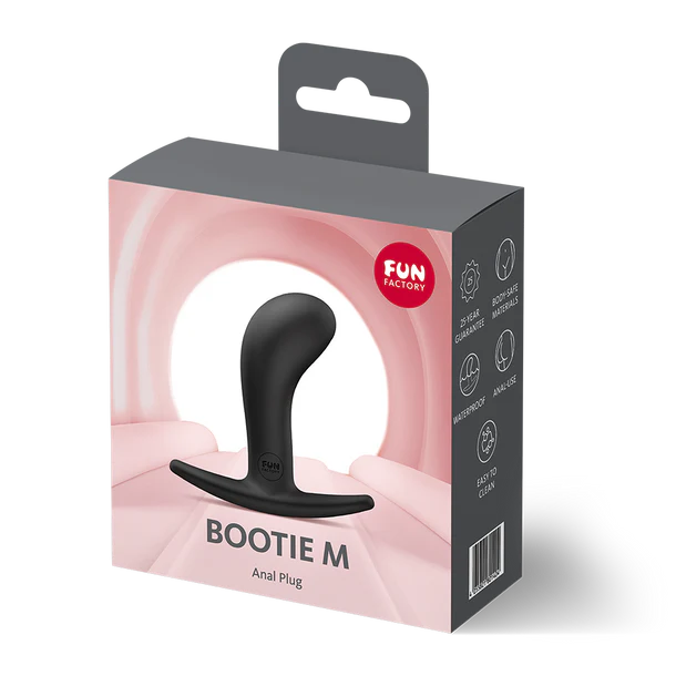 Black anal plug in a 'Fun Factory' branded packaging on a white background