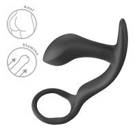 Black bootie ring with anal plug with illustrations of 'Anal' and 'Stamina' on a white background