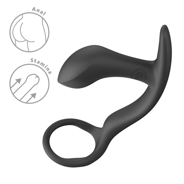 Black bootie ring with anal plug with illustrations of 'Anal' and 'Stamina' on a white background