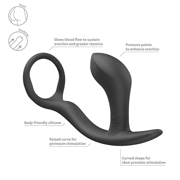Black prostate stimulator with labeled features on a white background