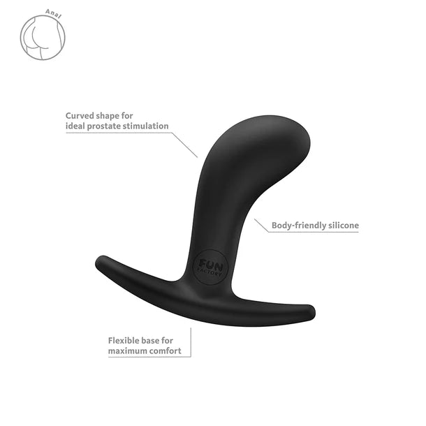 Black prostate stimulator with labeled features on a white background