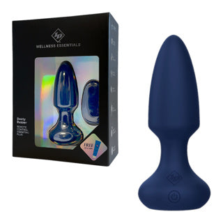 Blue silicone butt plug with packaging on a white background