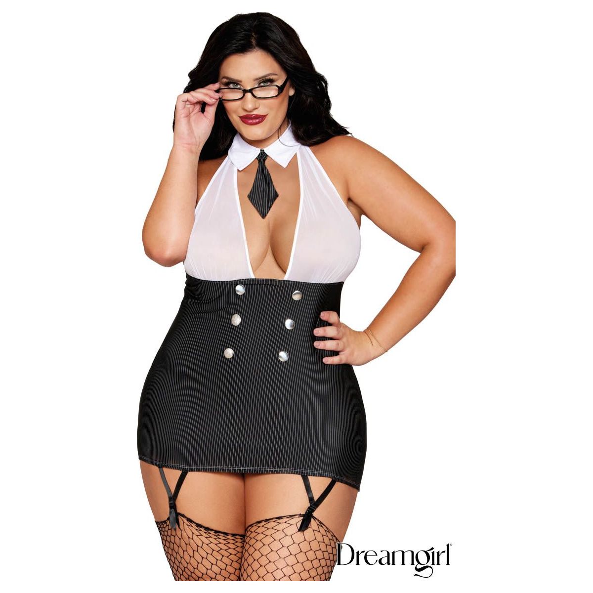 Brunette female wearing - Pinstripe stretch knit vest-styled garter slip with a plunging halter neckline, an attached shirt collar and lapel, sheer mesh soft cups, attached/adjustable garters, front view, plus size
