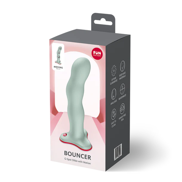 Package of a G-Spot dildo with motion labeled 'Bouncer' on a white background