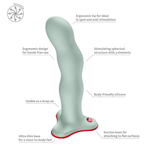 bouncer dildo with features labeled on a white background