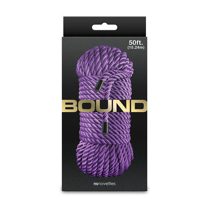 bound 50ft bondage rope on box packaging in purple