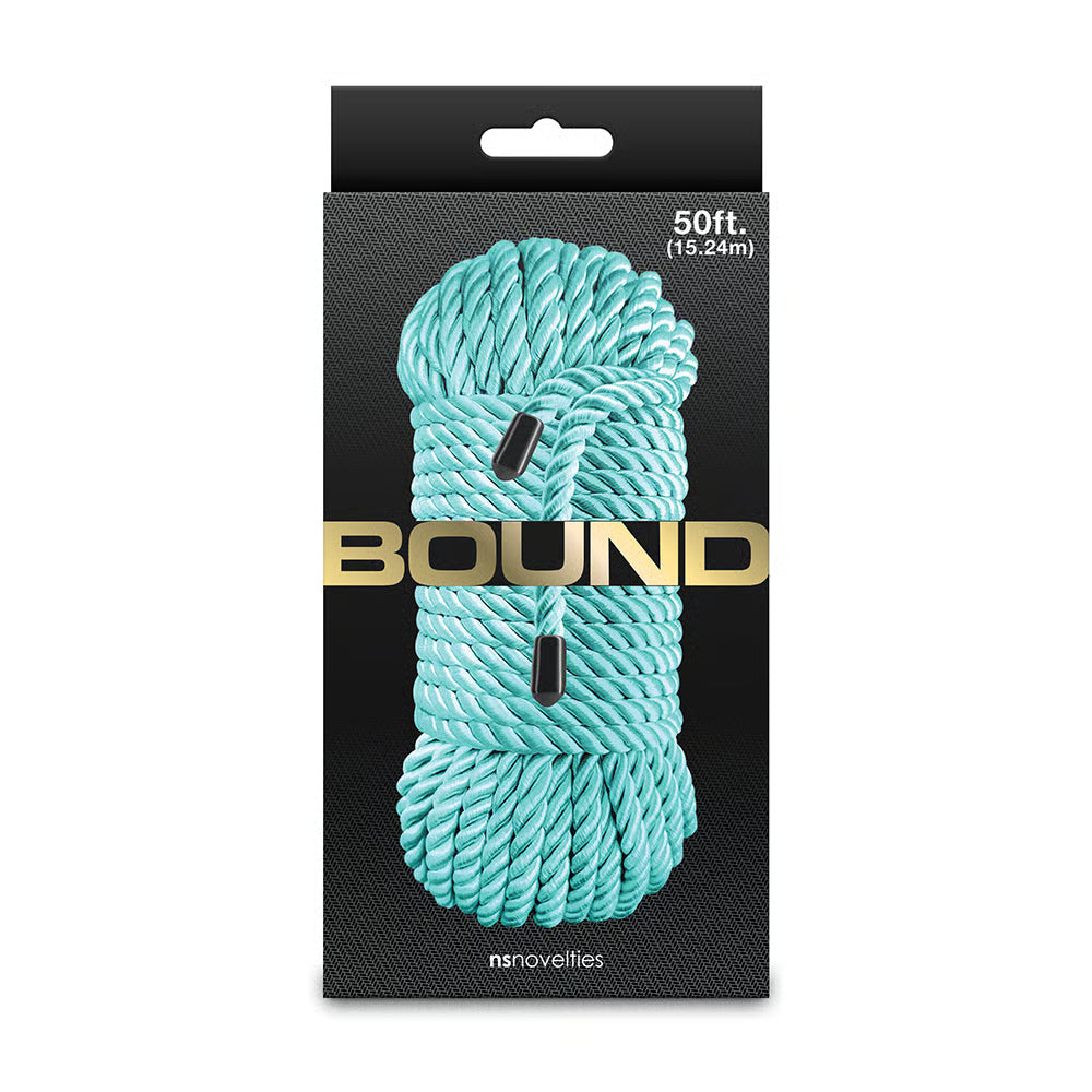 bound 50ft bondage rope on box packaging in turquoise
