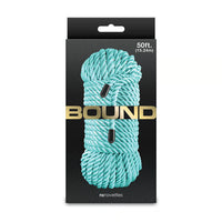 bound 50ft bondage rope on box packaging in turquoise