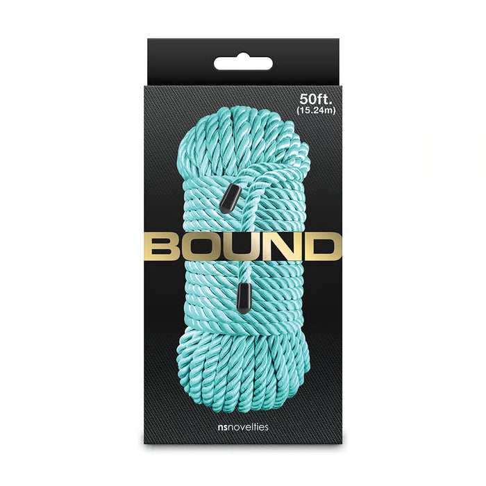 bound 50ft bondage rope on box packaging in turquoise