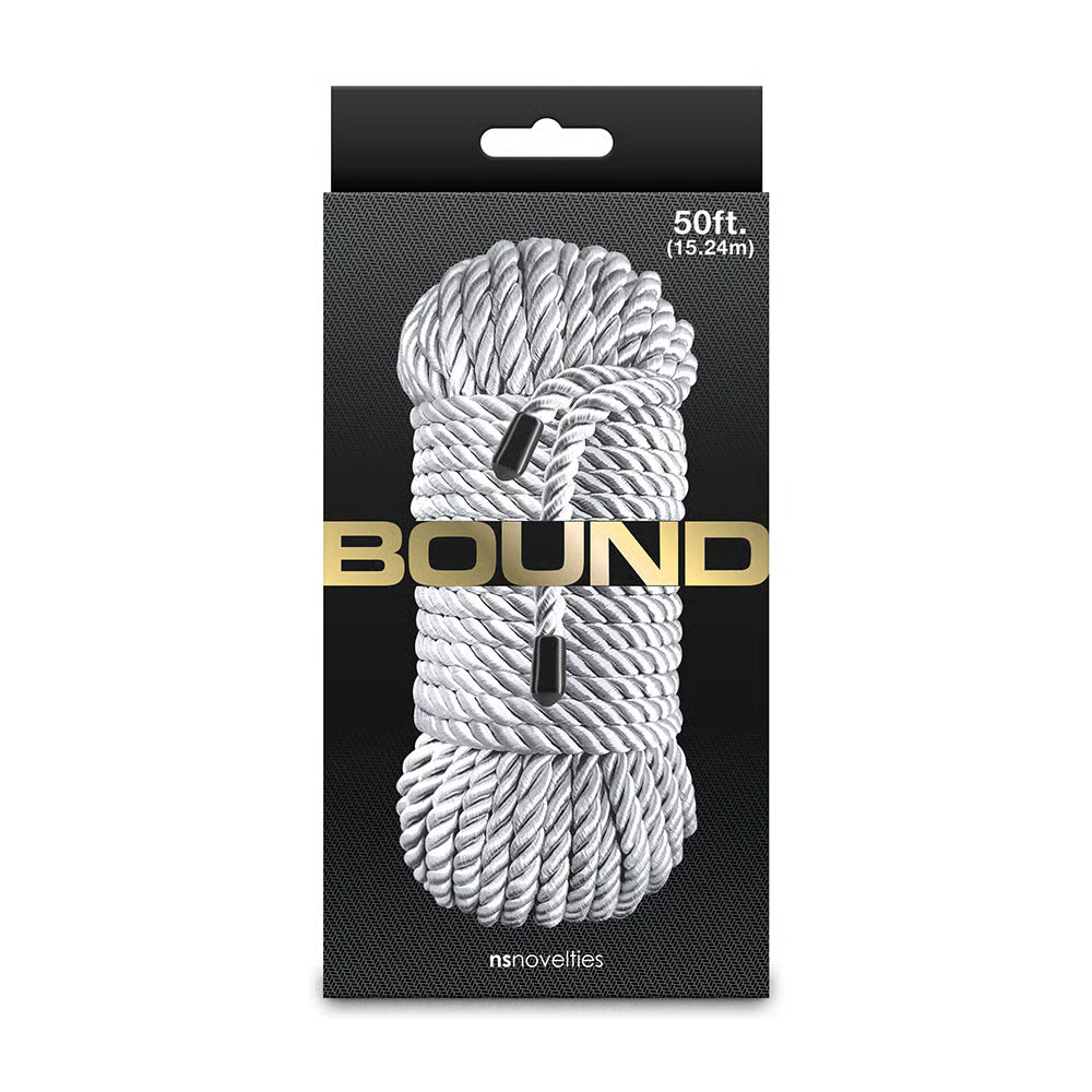 bound 50ft bondage rope on box packaging in silver