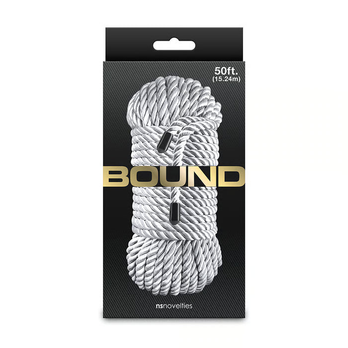 bound 50ft bondage rope on box packaging in silver
