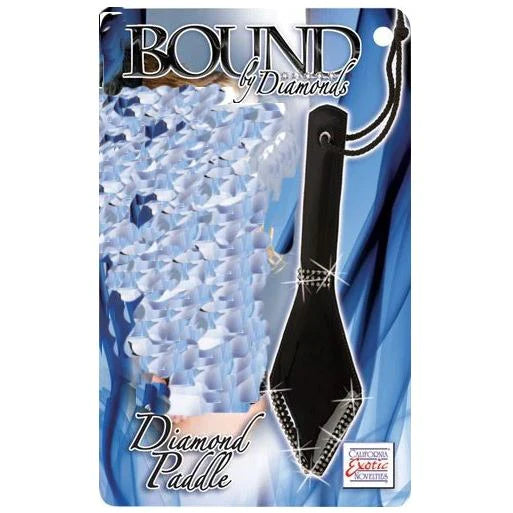 a blue and diamond display box depicting a black paddle with a diamond shaped head and diamond gem accents