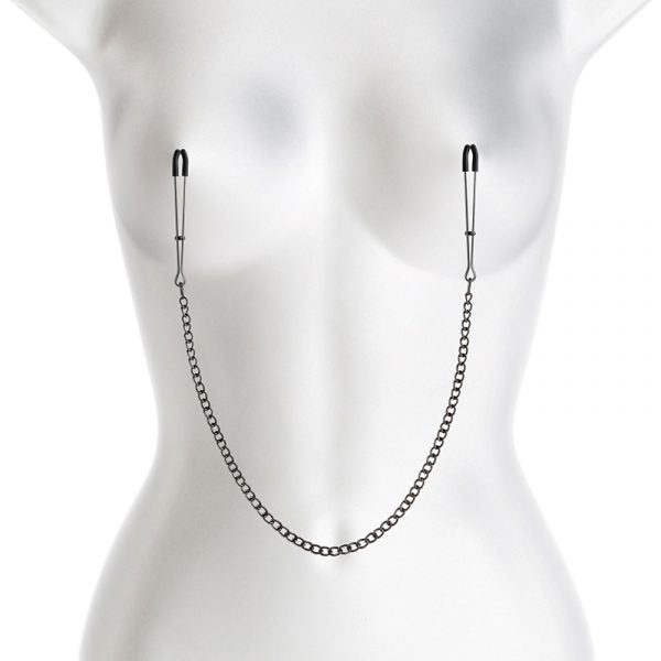 black & grey nipple tweezers with chain attached to manikin nipples