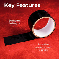 Roll of black tape on a red background with text about its features.