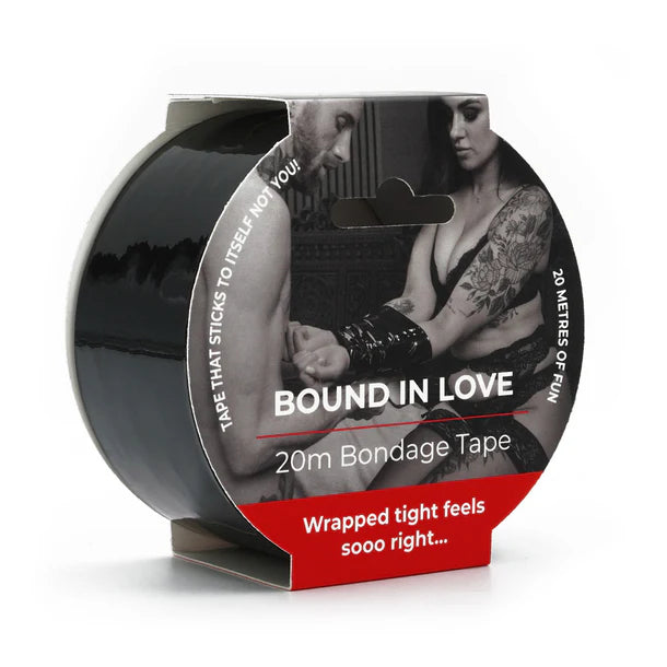 20m Bondage Tape packaging with a black and white image of a person wearing a wrist restraint.