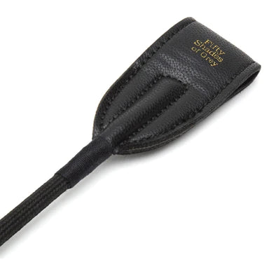 a close up picture of the tip of a black riding crop that has the words fifty shades of grey written in gold