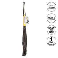 black vegan leather flogger with yellow handle and black wrist strap