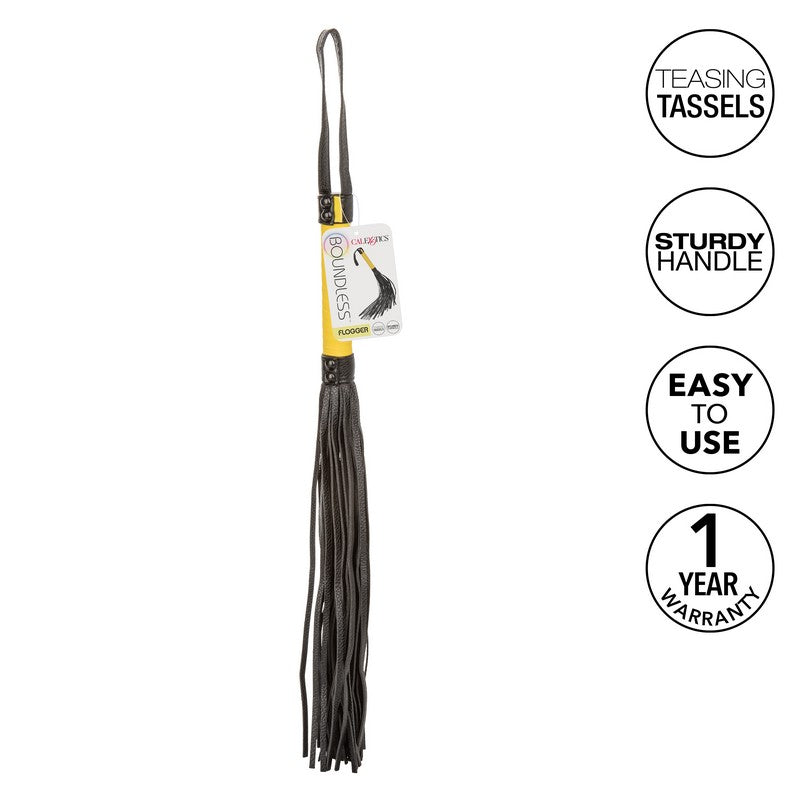 black vegan leather flogger with yellow handle and black wrist strap