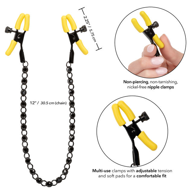 black and yellow nipple clamps with measurements and information