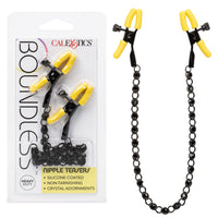 black and yellow nipple clamps with black next  to clear package