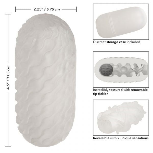 white masturbator with textured and squishy ball inside with measurements