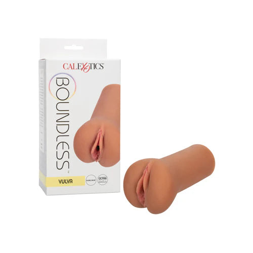 tan vulva male masturbator packaging with 'Calexotics' branding on a white background