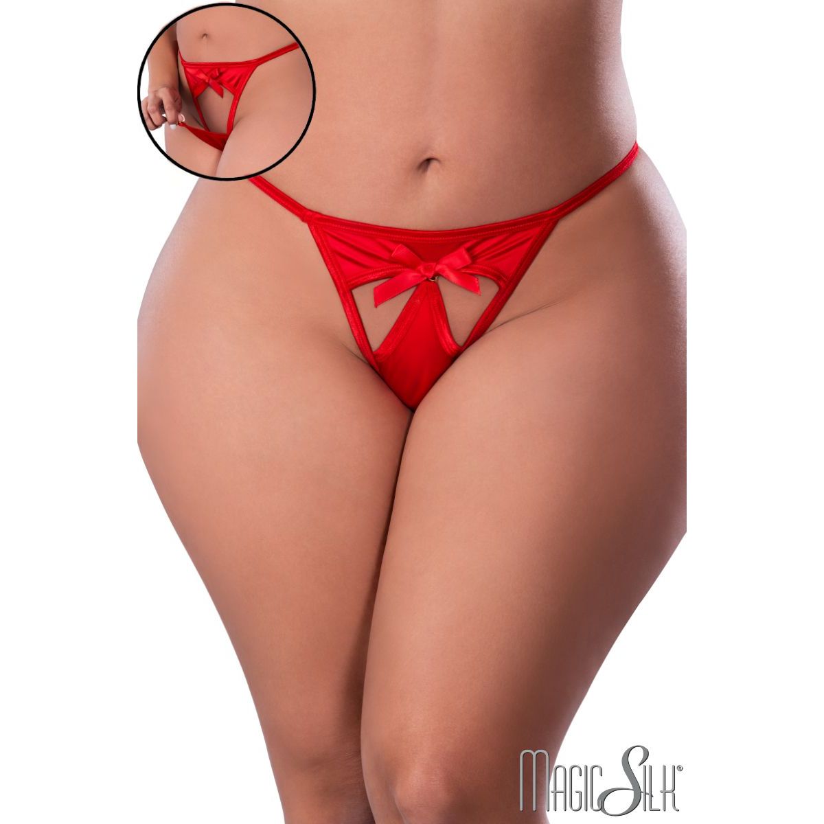 Four-way stretch mesh G-string with a decorative bow and a detachable front.