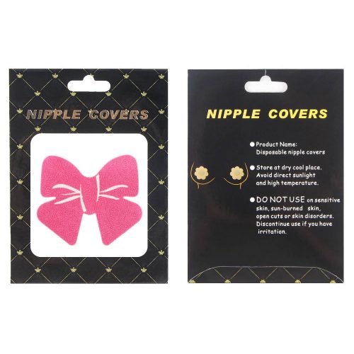 Nipple cover packaging with pink bow design on a black background