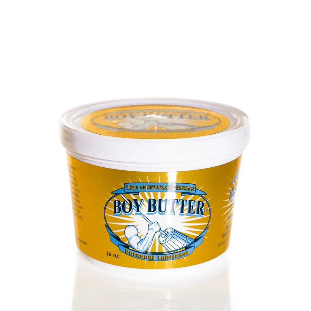 a tub of boy butter 10th anniversary coconut based lube 16oz