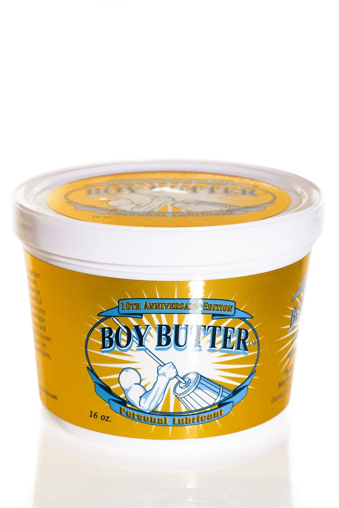 a tub of boy butter 10th anniversary coconut based lube 16oz