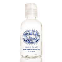 clear bottle with blue writing. boy butter clear water based condom safe lube