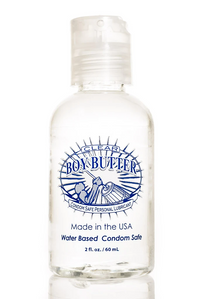 clear bottle with blue writing. boy butter clear water based condom safe lube