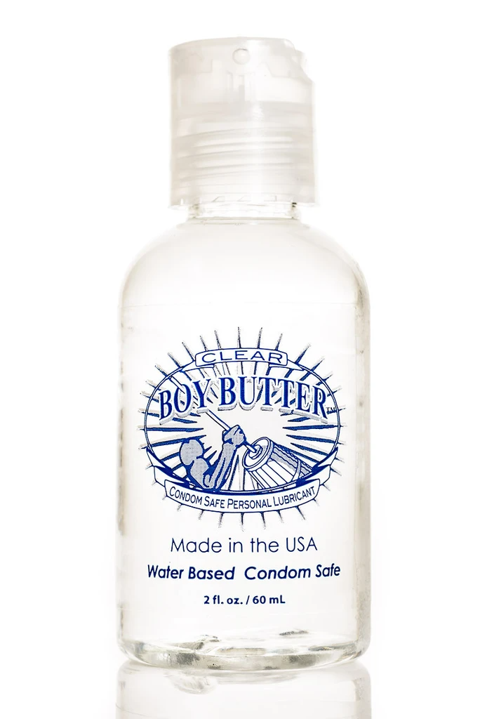 clear bottle with blue writing. boy butter clear water based condom safe lube