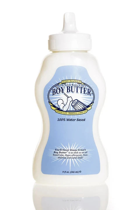 blue and white squeeze bottle of boy butter h20 lube