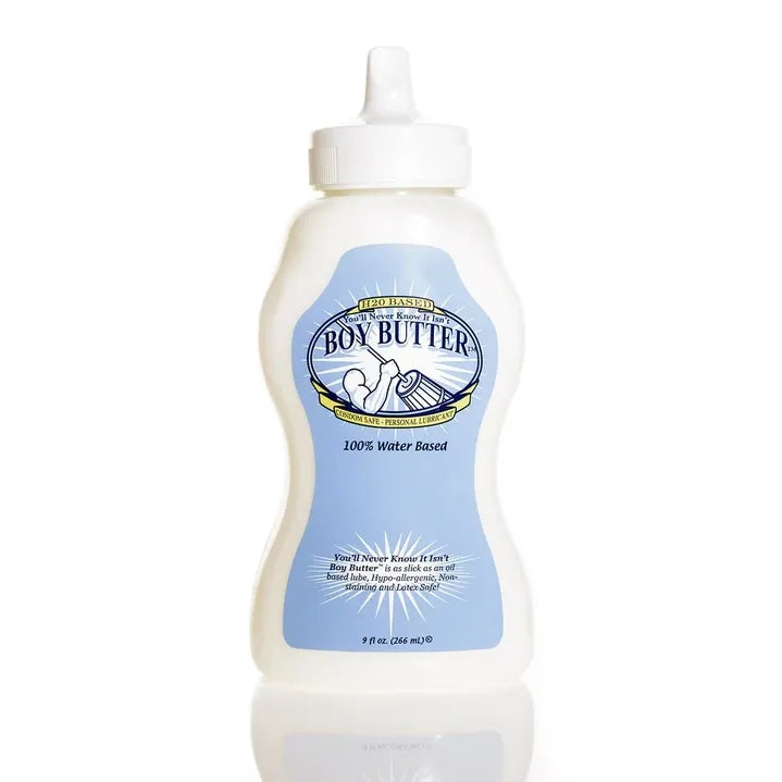 blue and white squeeze bottle of boy butter h20 lube