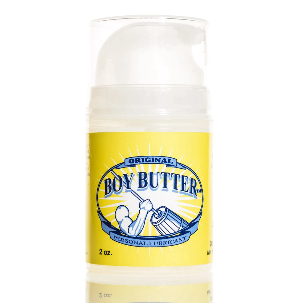 a pump bottle in white and yellow with brand boy butter original formula lube