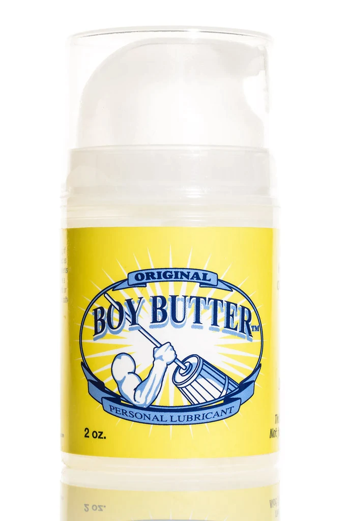 a pump bottle in white and yellow with brand boy butter original formula lube