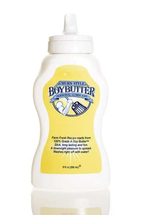yellow and white squeeze jar of boy butter original formula lube 