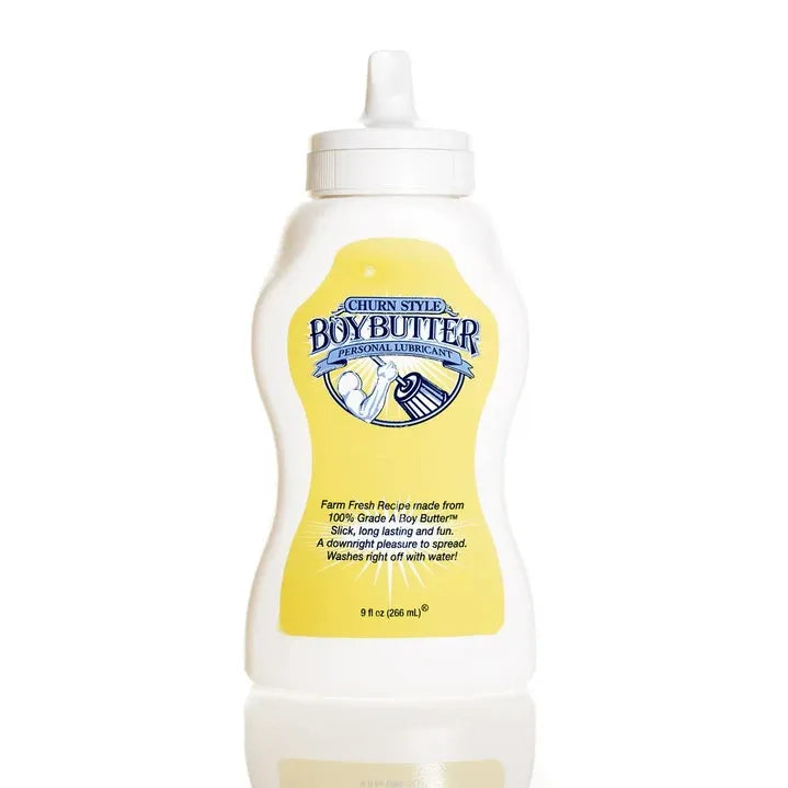 yellow and white squeeze jar of boy butter original formula lube 
