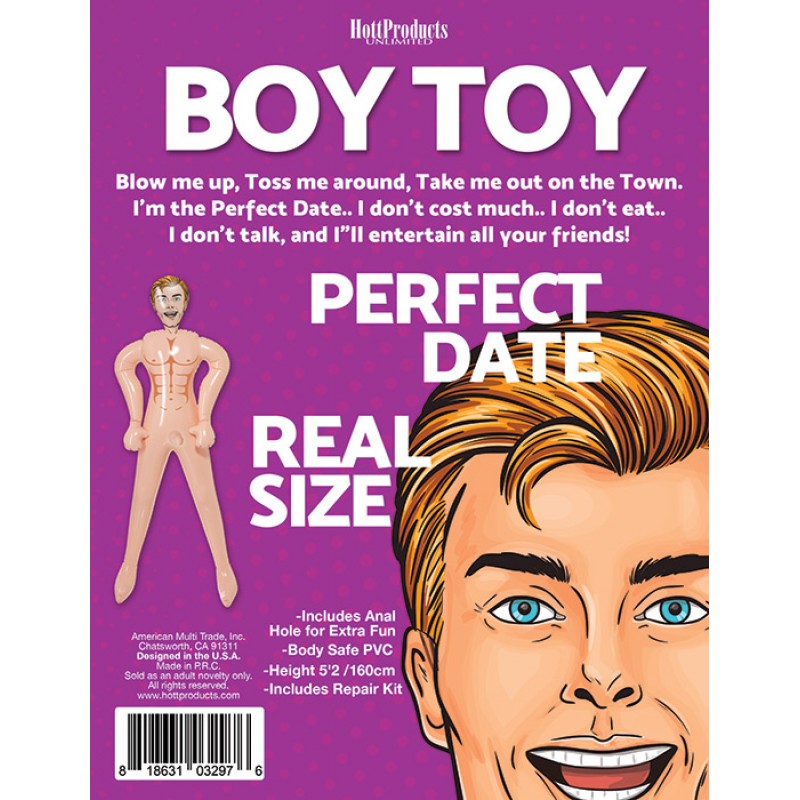 male cartoon head and male inflatable doll on box 