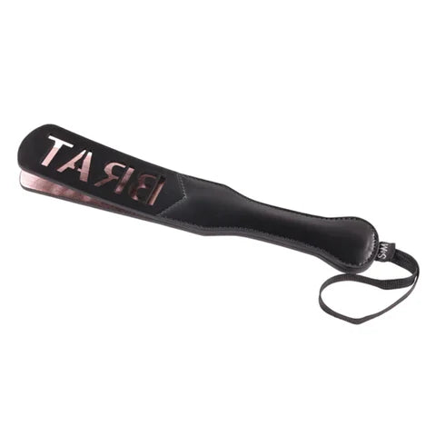 black paddle with pink inner lining with the word brat for imprinting