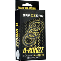Brazzers O-Ringzz cock rings packaging with three silicone rings on a black background