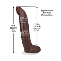 Measurement chart of a brown dildo with dimensions labeled