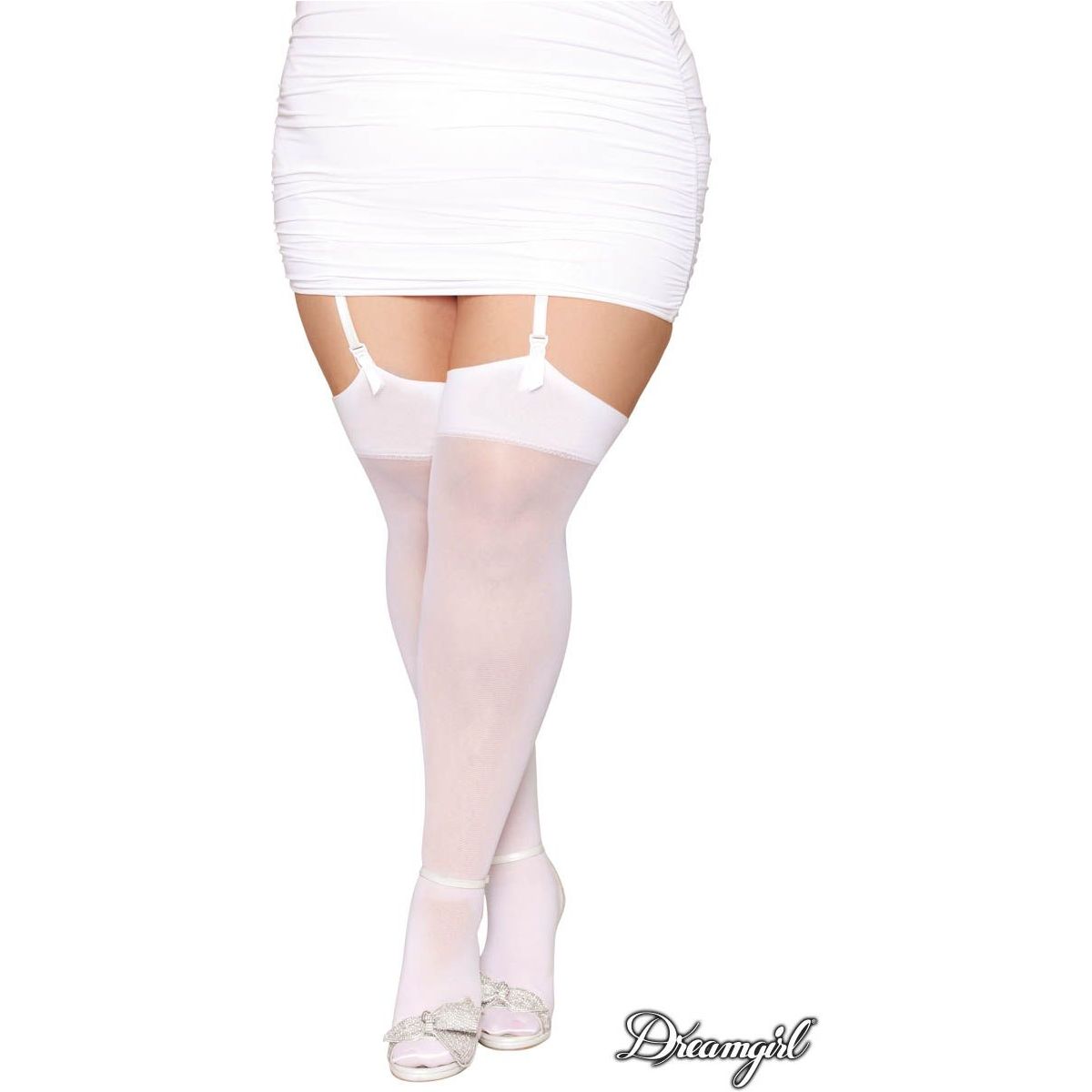 plus size female with white stockings, heels and skirt