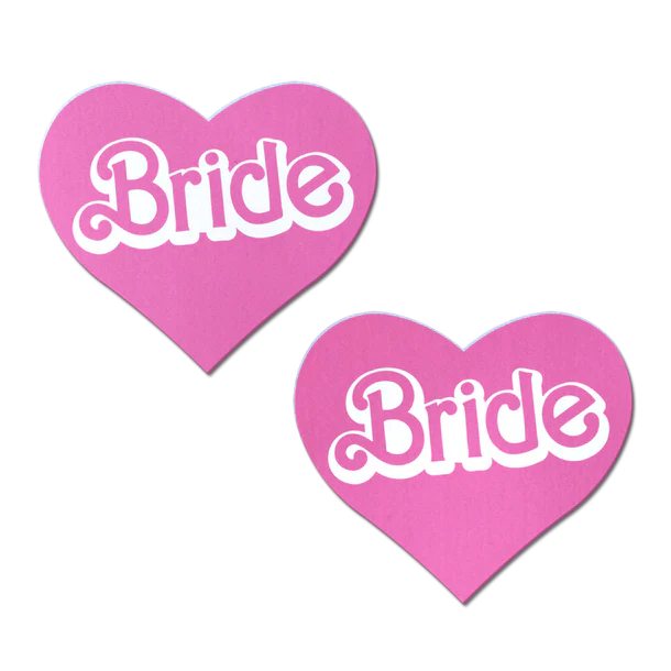 heart shaped pasties with bride written in center in white and pink letters