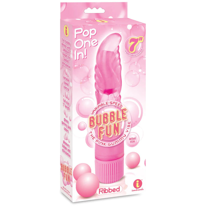 pink jelly soft vibrator with ridged tip, bubbles on box 