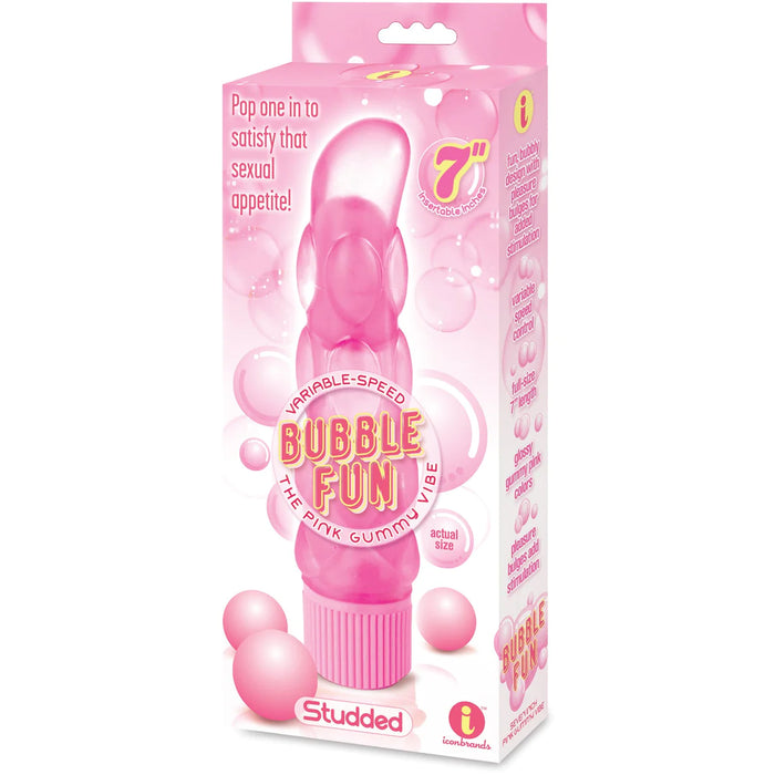 pink soft jelly vibrator with studded tip, bubbles on box