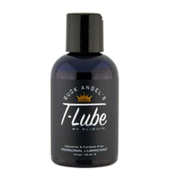 Bottle of T-Lube personal lubricant with black cap on a white background